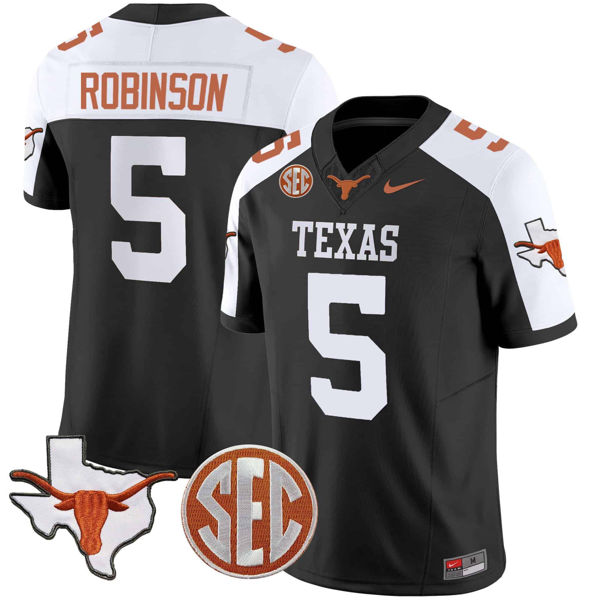 Men Texas Longhorns #5 Robinson Black 2024 Nike State Map & SEC Patch Vapor NCAA Jersey